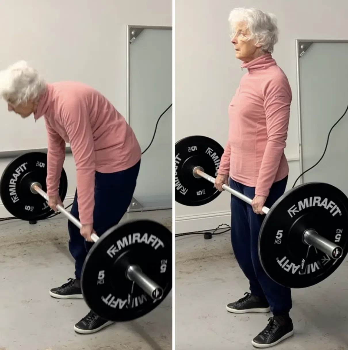 Vrouw op leeftijd doet een deadlift.
